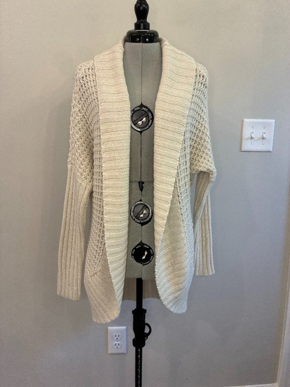 RD Style Cream Open Front Chunky Knit Shawl Collar Cardigan Sweater | Size Large